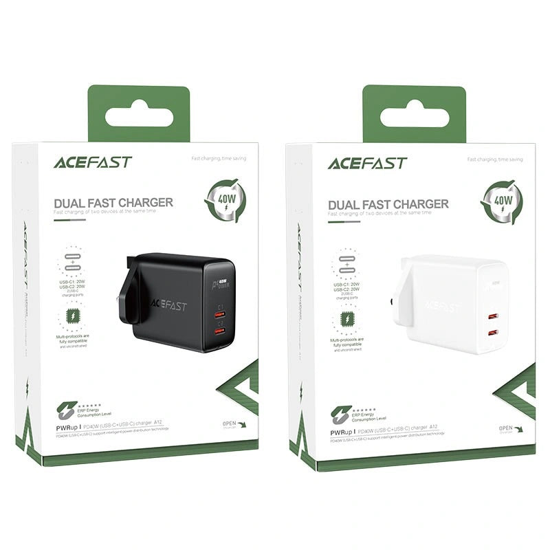 Φορτιστής Ταξιδίου Acefast A12 Fast Charging 2xUSB-C PD40W Μαύρος με UK Plug