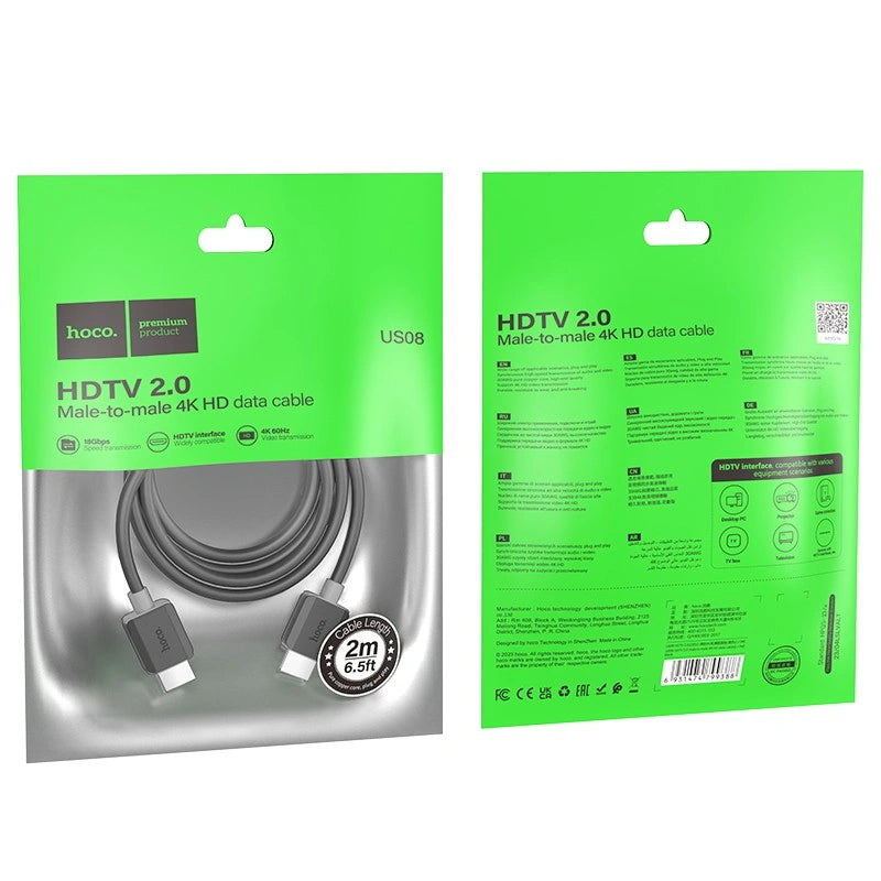 Καλώδιο Hoco US08 HDMI 2.0 σε HDMI 4K 60Hz HD 18Gbps Μαύρο 2m