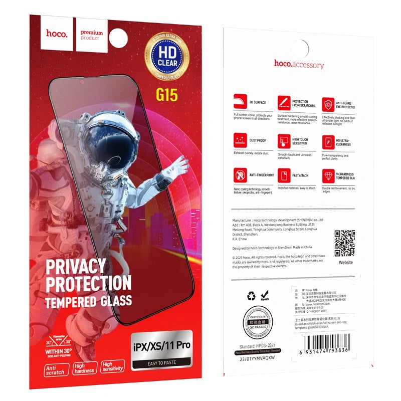 Tempered Glass Hoco Premium Series G15 0.33mm 30 Μοίρες Privacy Angle για Apple iPhone X XS 11 Pro Σετ 10τεμ.