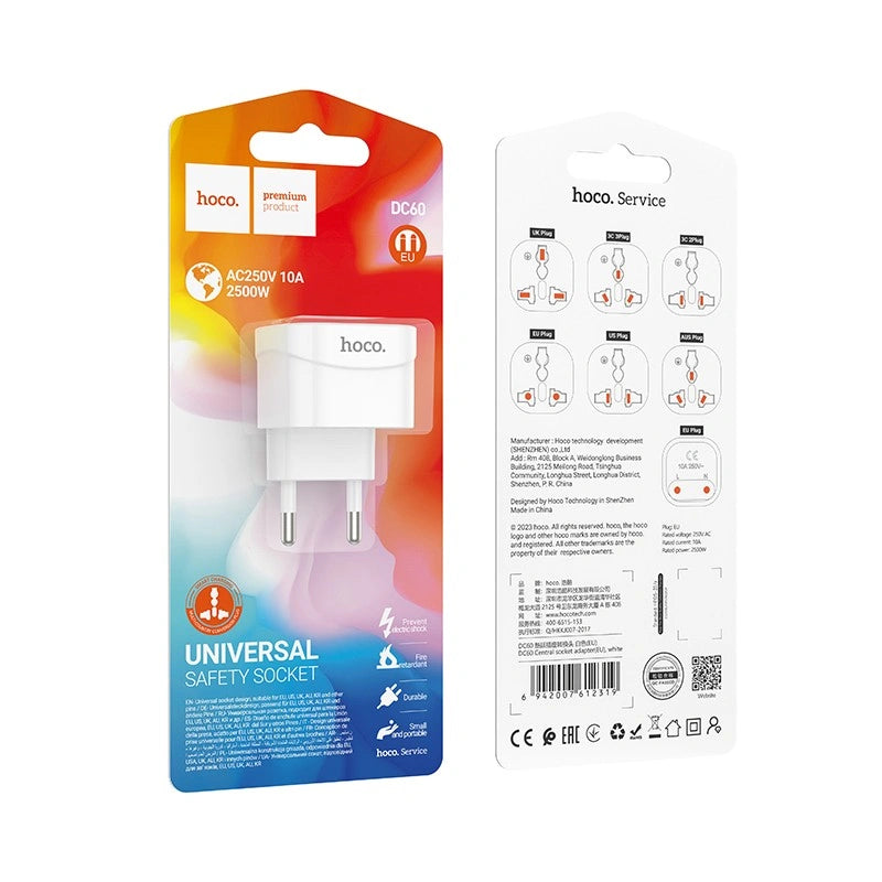 Αντάπτορας Hoco. DC60 Universal (UK, 3C 3Plug, 3C 2Plug, US Plug) σε European Λευκός