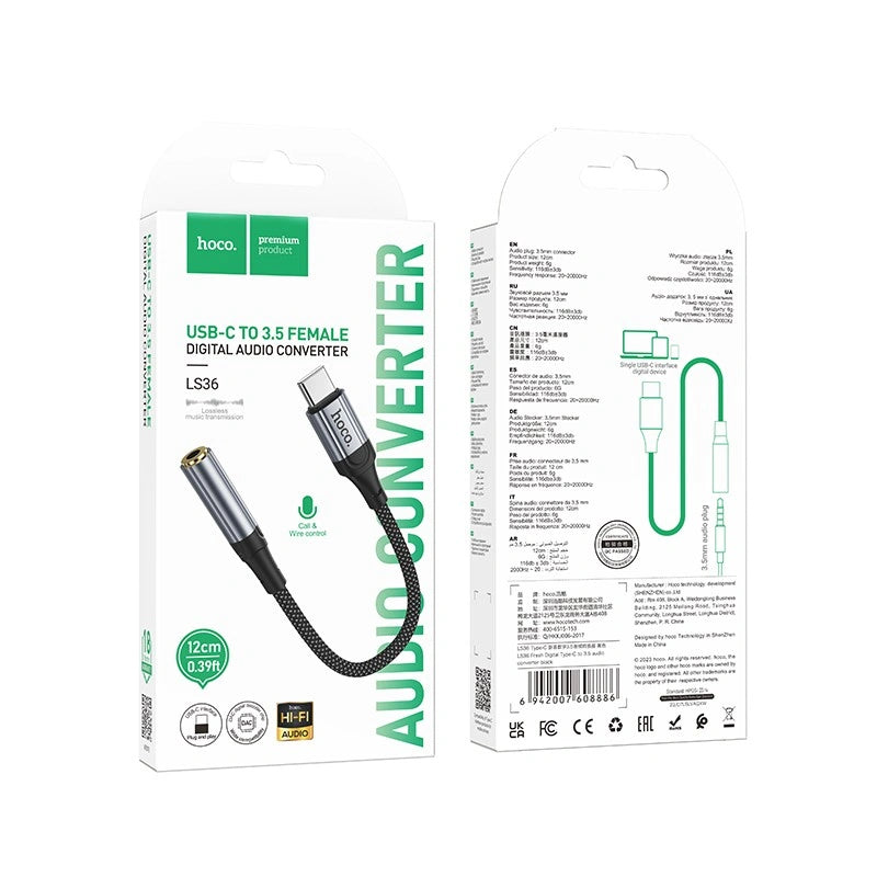 Αντάπτορας Hoco LS36 Fresh USB-C to 3.5mm Hi-Fi Braided 12cm Μαύρος