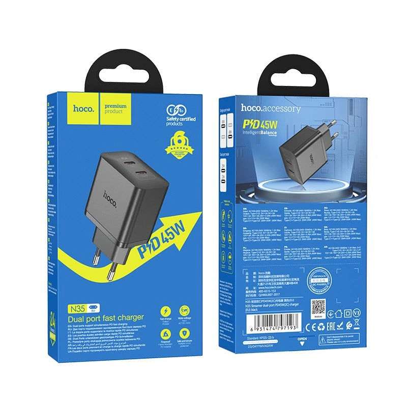 Φορτιστής Ταξιδίου Hoco N35 Streamer με 2 Εξόδους Φόρτισης USB-C PD45W GaN Tech Μαύρος