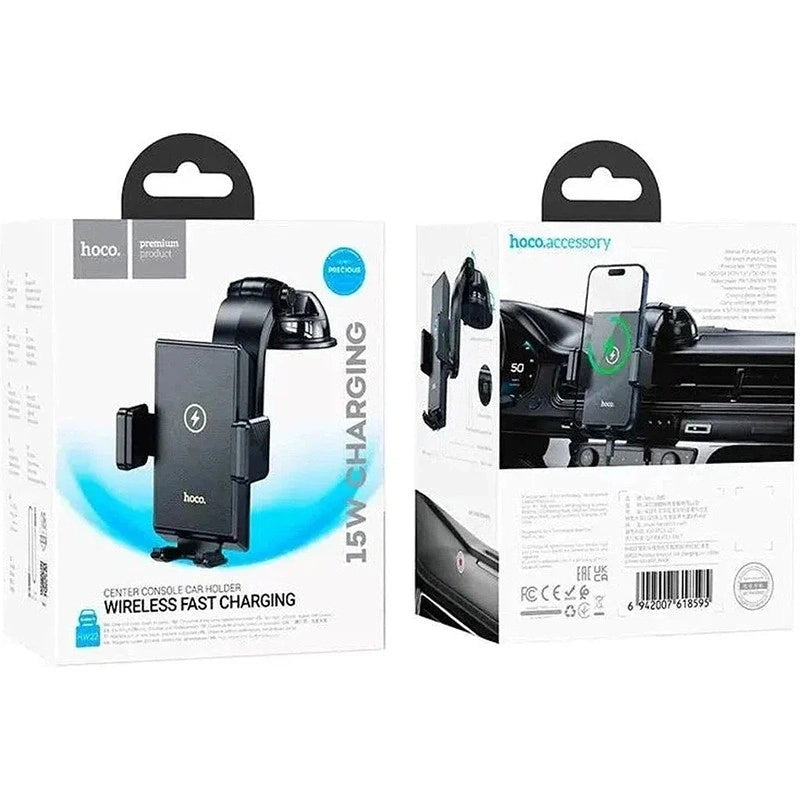 Βάση Στήριξης Αυτοκινήτου Hoco HW22 Precious με Wireless Fast Charger έως 15W USB Μαύρη 4.5"-7"