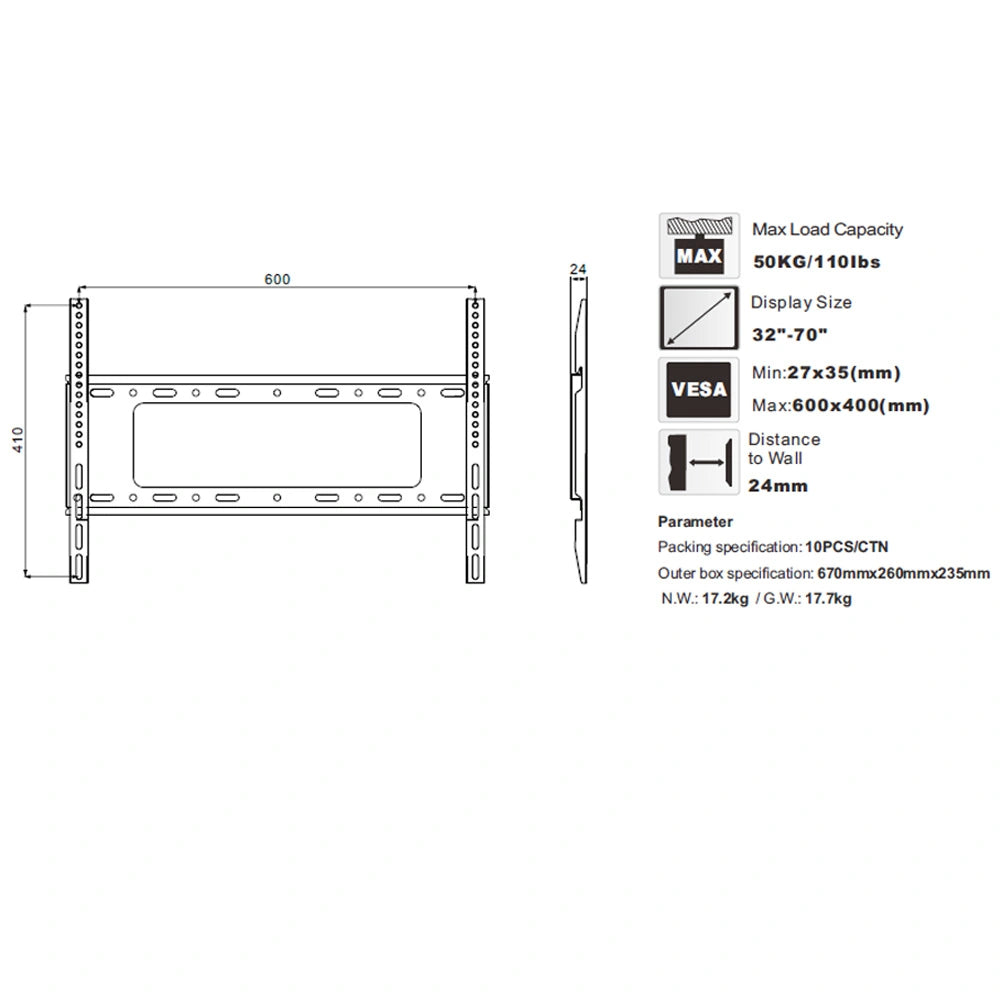 Βάση Στήριξης Noozy IH-B64 για Τηλεοράσεις 32'' - 70'' VESA από 27x35mm έως 600x400mm Μέγιστη αντοχή βάρους 50kg