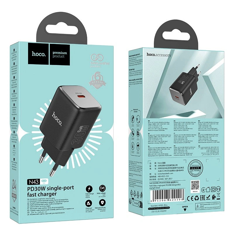 Φορτιστής Ταξιδίου Hoco N43 Vista με USB-C PD30W GaN Tech Small Size Μαύρος