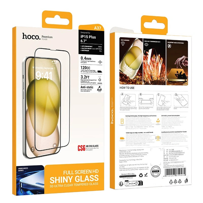 Tempered Glass Hoco Premium Series A37 120CC Large Arc Edges Dustproof 0.4mm 3D Anti-Static για Apple iPhone 16 Plus 15 Plus