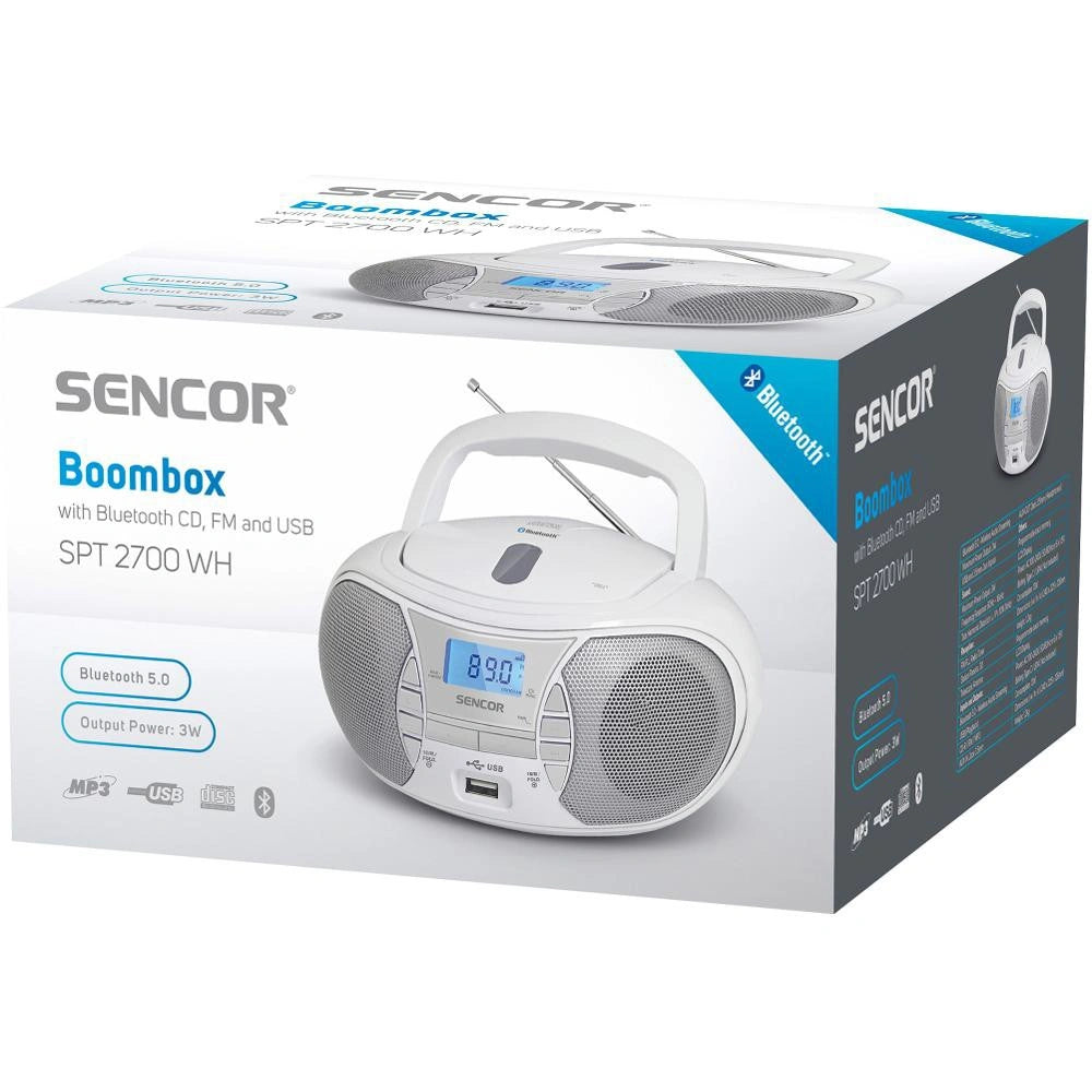 ΡαδιοCD Boombox Sencor SPT 2700 WH 3W με Bluetooth v5.0 CD USB 3.5mm και LCD Οθόνη Λευκό