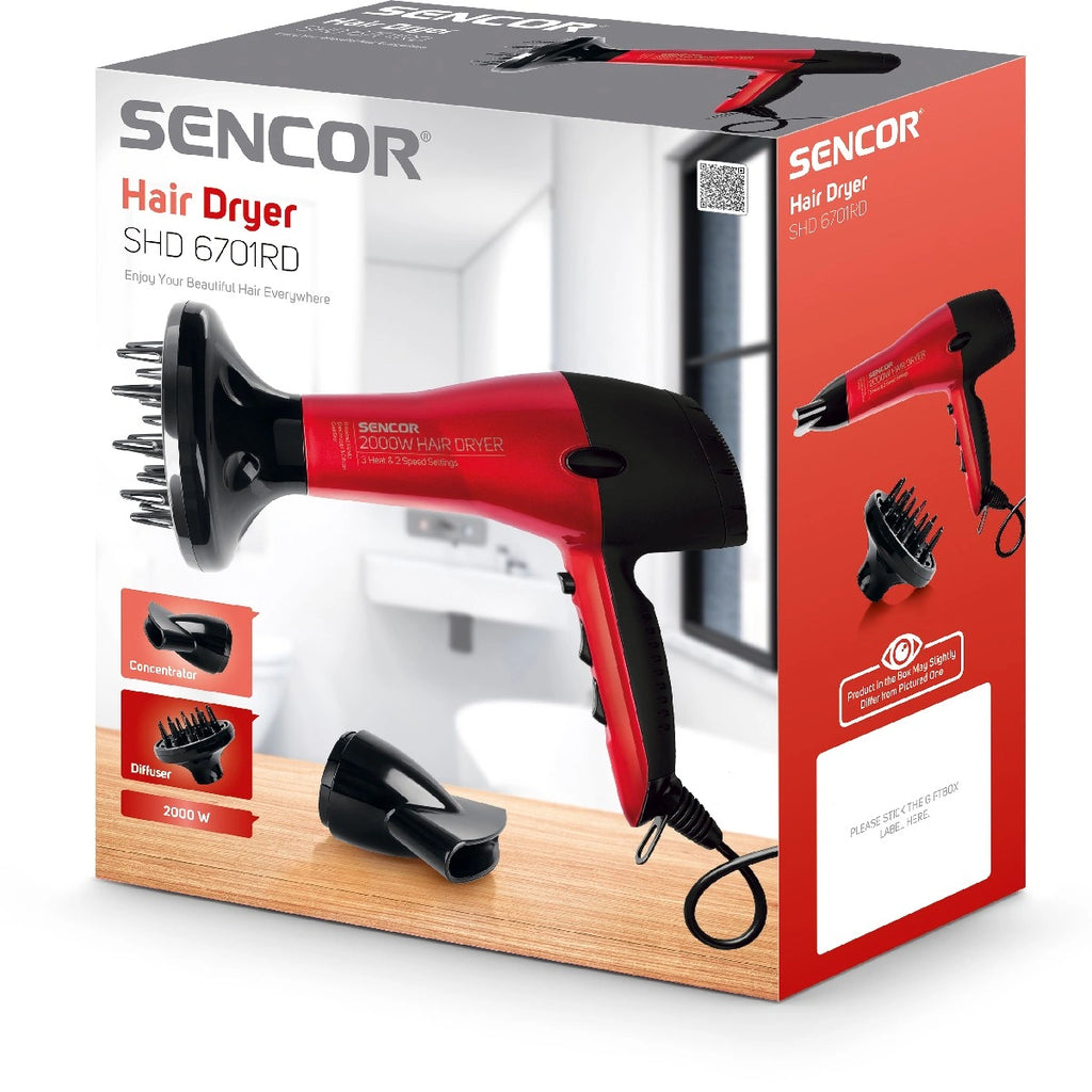Σεσουάρ Μαλλιών Sencor SHD 6701RD 2000W Ultra-lightweight με 2 Επιλογές Ταχύτητας Αέρα και 3 Θερμοκρασίας Κόκκινο