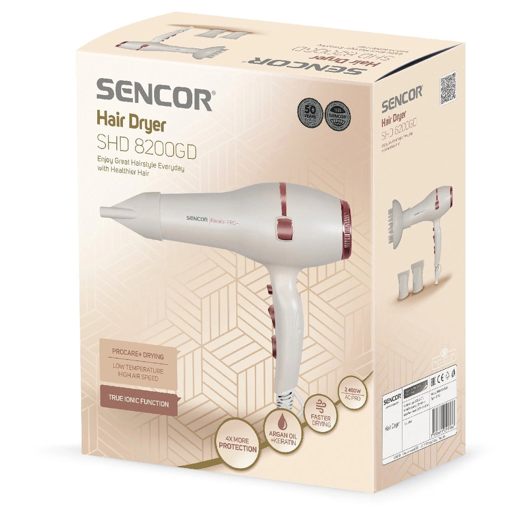 Σεσουάρ Μαλλιών Sencor SHD 8200GD 2400W Ιονισμού Procare+ με 3 Επιλογές Θερμοκρασίας και 2 Ταχύτητας Αέρα Λευκό/Χρυσό