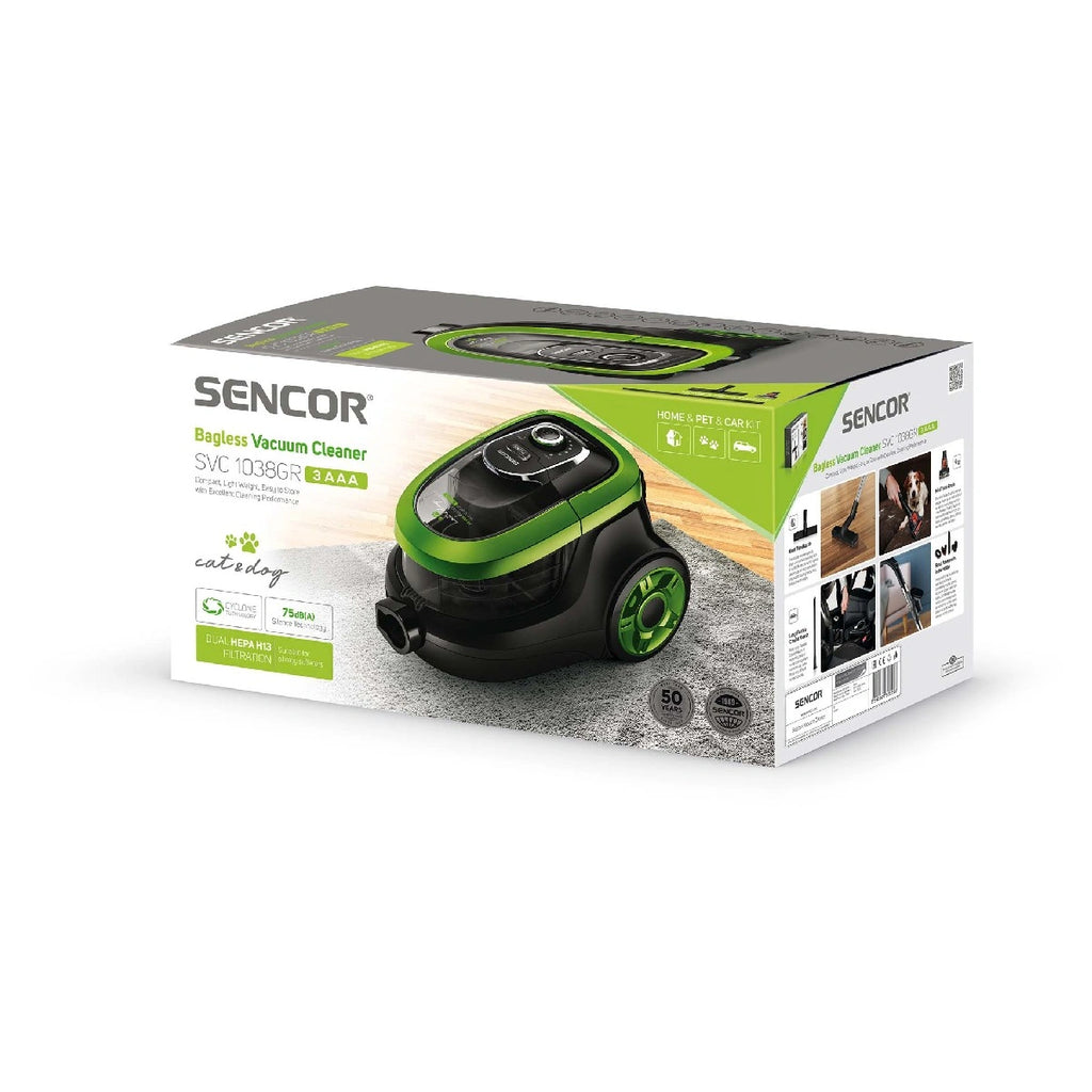Ηλεκτρική Σκούπα Sencor SVC 1038GR 750W χωρίς Σακούλα με σωλήνα XL Clean Air Dual HEPA H13 75 dB(A) Μαύρο/Πράσινο