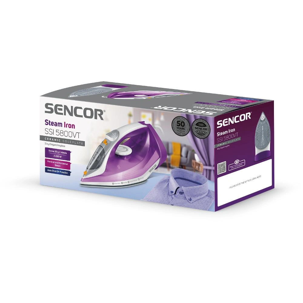 Σίδερo Ατμού Sencor SSI 5800VT 2400W 260ml με Κεραμική Πλάκα Drip-Stop Τεχνολογία και Πίεση Ατμού 120g/min Μωβ