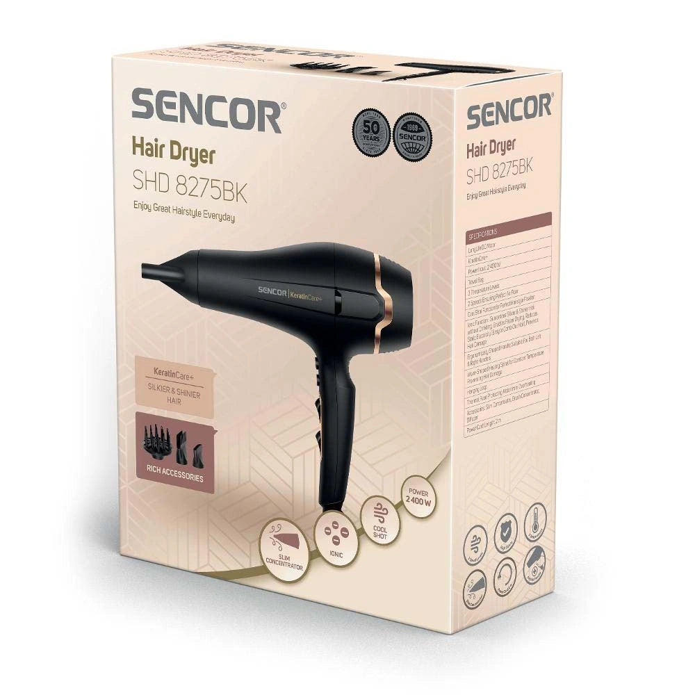 Σεσουάρ Μαλλιών Sencor SHD 8275BK 2400W KeratinCare+ με 3 Επιλογές Θερμοκρασίας και 2 Αέρα και Ιονική Λειτουργία