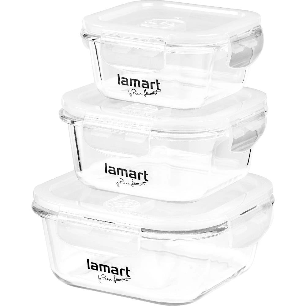 Σετ 3 Τετράγωνα Γυάλινα Δοχεία Φαγητού Lamart LT6012 (320ml, 520ml, 800ml) Κατάλληλα για Ψυγείο, Κατάψυξη, Φούρνο Μικροκυμάτων