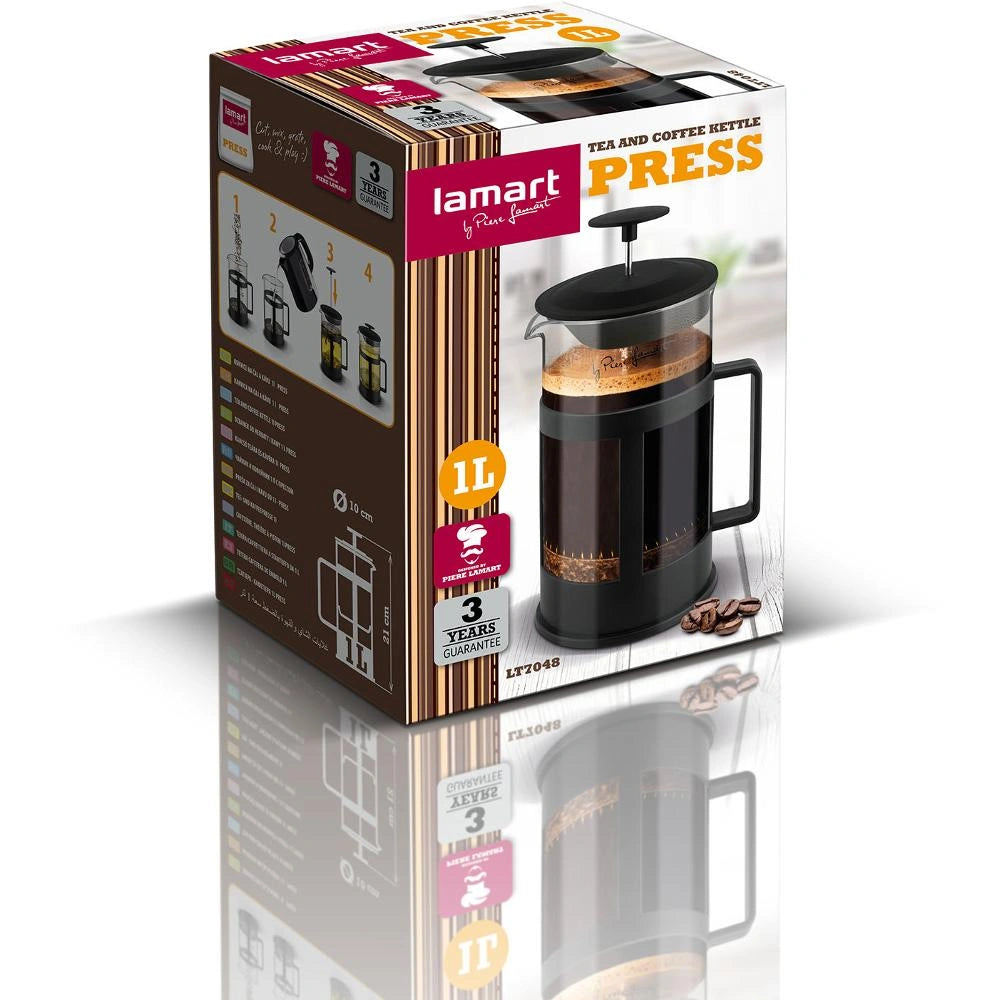 Καφετιέρα Τσαγιέρα Χειρός PRESS 1lt 10cm Lamart LT7048 Διάφανο/Μαύρο