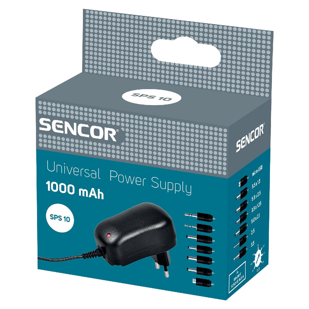 Universal Φορτιστής Sencor SPS 10 1000mAh  με Αποσπόμενα Βύσματα MicroUSB, 5.5 x 1.5, 5.5 x 2.5, 3.5 x 1.35, 5.0 x 2.1, 2.5mm, 3.5mm