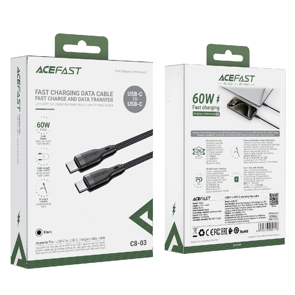 Καλώδιο σύνδεσης Acefast C8-03 USB-C σε USB-C 60W Braided Μαύρο 1.2m