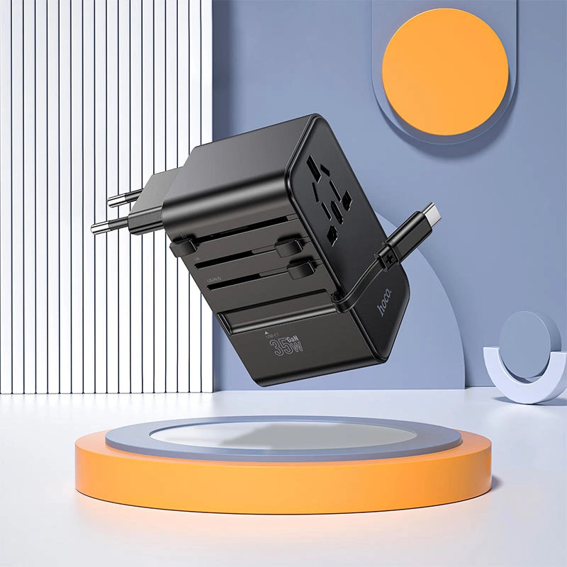 Φορτιστής Ταξιδίου Hoco AC18 Universal Converter US EU AU UK με 2xUSB 1xUSB-C και Ενσωματομένο Καλώδιο USB-C PD35W QC3.0 Μαύρο