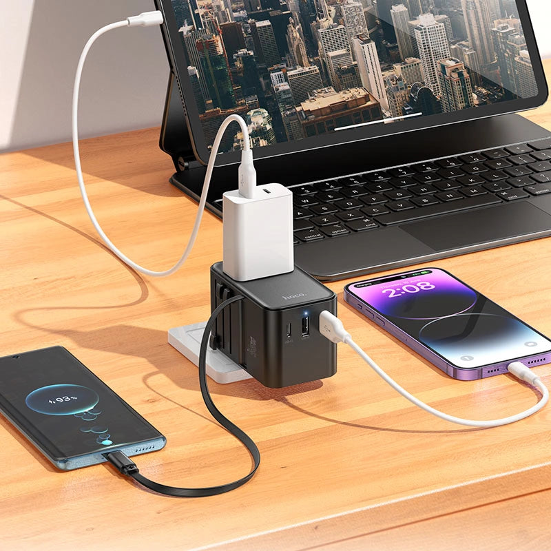 Φορτιστής Ταξιδίου Hoco AC18 Universal Converter US EU AU UK με 2xUSB 1xUSB-C και Ενσωματομένο Καλώδιο USB-C PD35W QC3.0 Μαύρο