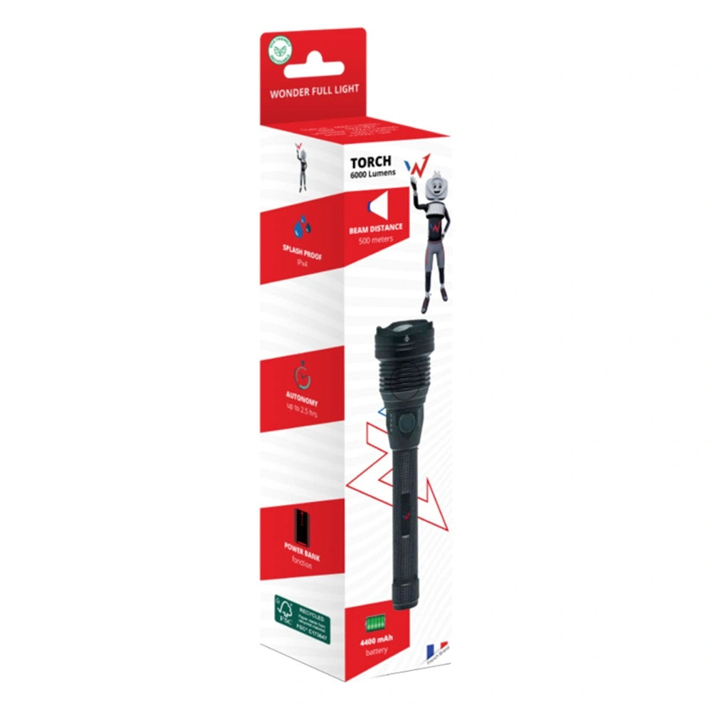 Επαναφορτιζόμενος Φακός Αλουμινίου Wonder Wt60000W 6000 Lumens Δέσμη:500m Αυτονομία:4h 385gr IP44 με Powerbank 4400mAh Μαύρος