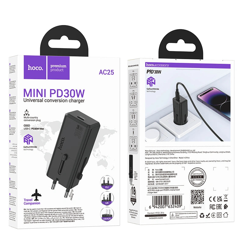 Φορτιστής Ταξιδίου Hoco AC25 Universal Converter US/EU/AU/ UK USB-C PD30W GaN Μαύρος