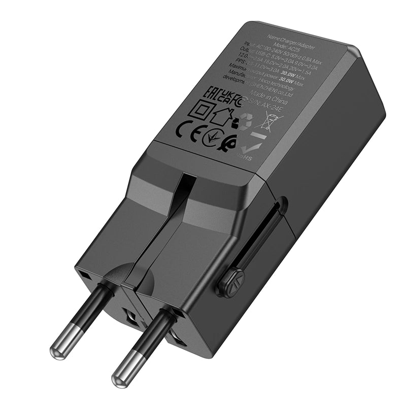 Φορτιστής Ταξιδίου Hoco AC25 Universal Converter US/EU/AU/ UK USB-C PD30W GaN Μαύρος