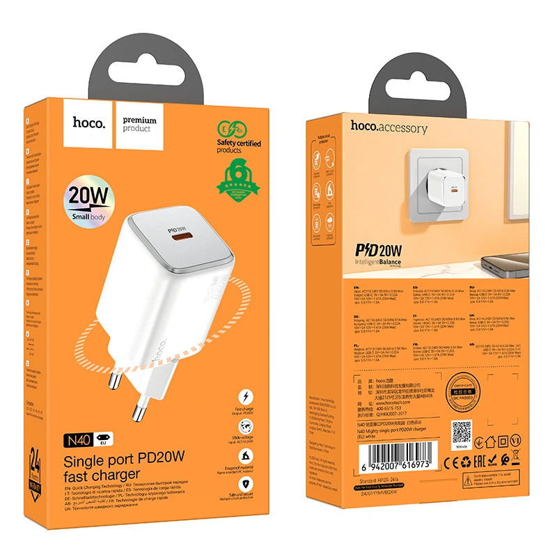 Φορτιστής Ταξιδίου Small Body Hoco N40 Mighty USB-C PD20W GaN Tech Λευκός