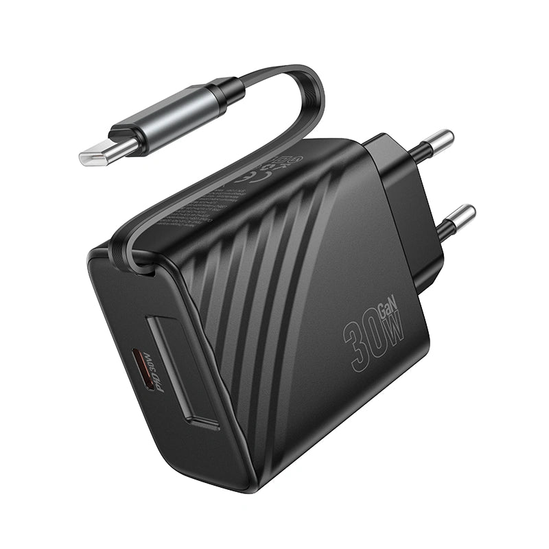 Φορτιστής Ταξιδίου Hoco N58  PD30W GaN με 1χUSB-C Θύρα και Αναδιπλούμενο Καλώδιο 65cm Μαύρος