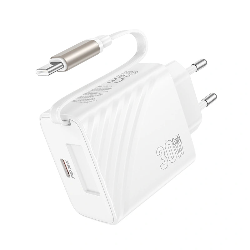 Φορτιστής Ταξιδίου Hoco N58  PD30W GaN με 1xUSB-C Θύρα και Αναδιπλούμενο Καλώδιο USB-C 65cm Λευκός