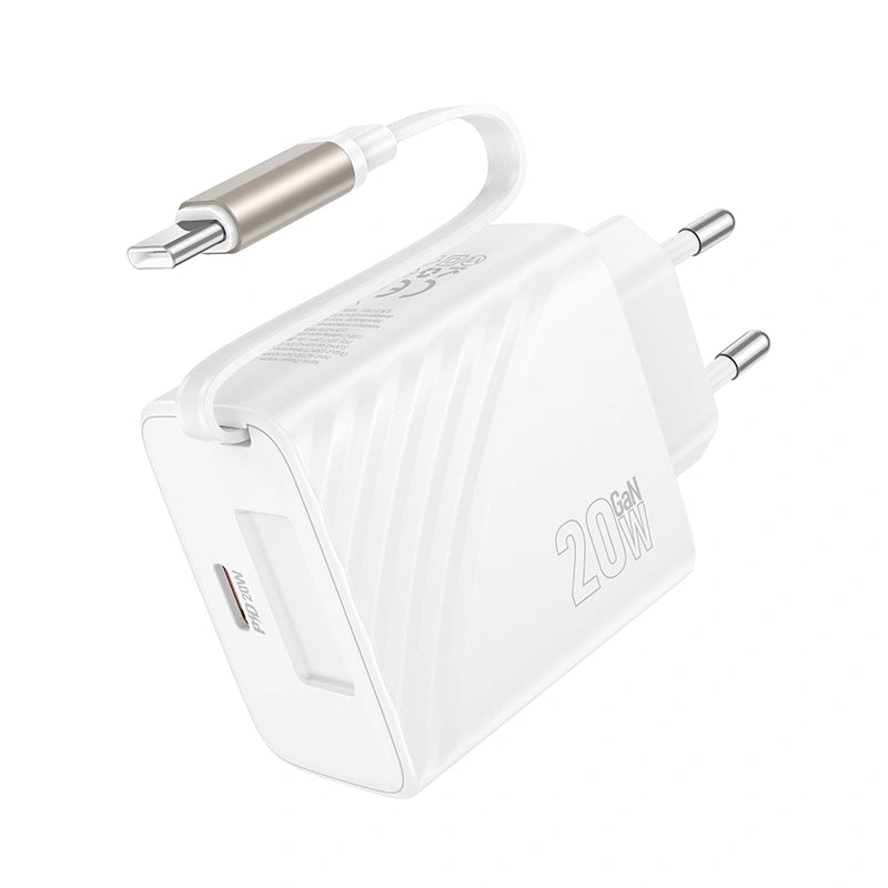 Φορτιστής Ταξιδίου Hoco N57 PD20W GaN Tech με 1xUSB-C Θύρα και Type C Αναδιπλούμενο Καλώδιο 65cm Λευκός