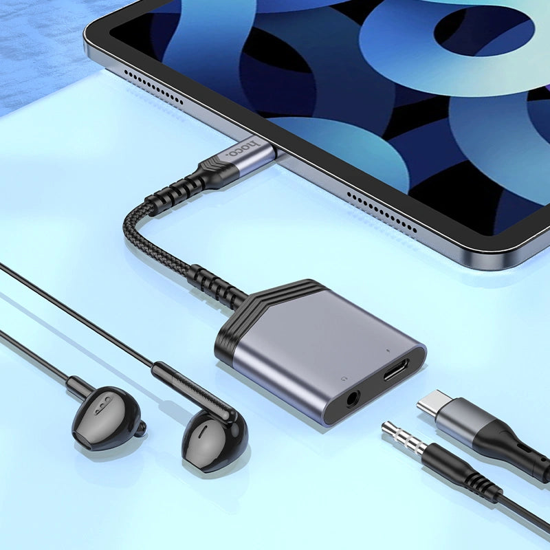 Αντάπτορας Hoco LS39 USB-C σε 1xUSB-C και 1x3.5mm για Τροφοδοσία και Ηχο Γκρί
