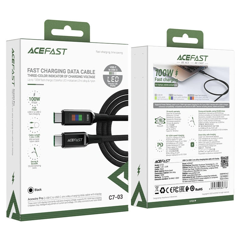 Καλώδιο Σύνδεσης Acefast C7-03  Μεταλλικό USB-C  σε USB-C 100W 20V/5A με Ενδειξη Τάσης  Braided Μαύρο 1.2m