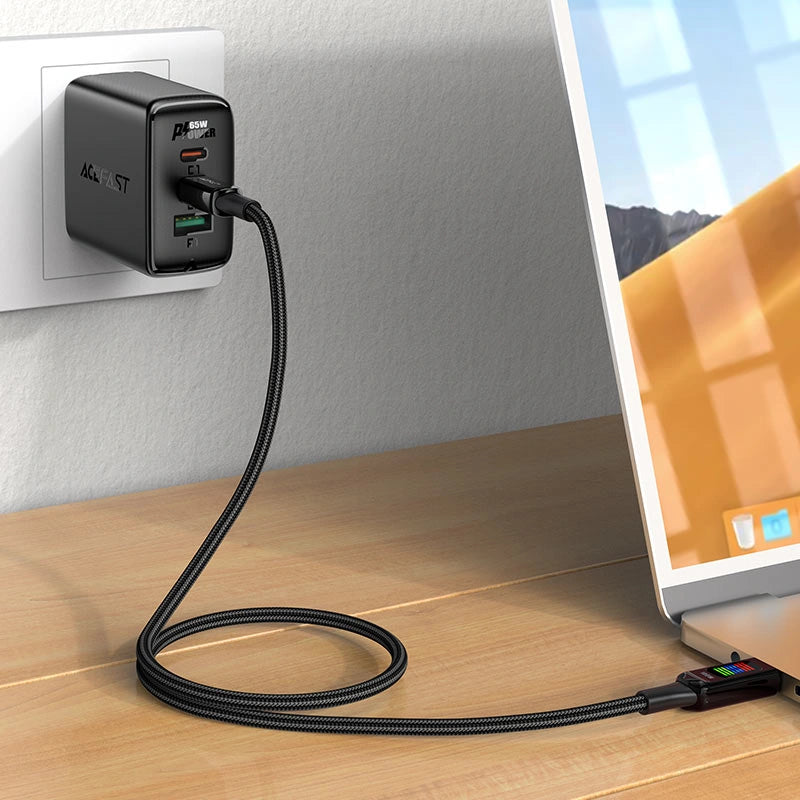Καλώδιο Σύνδεσης Acefast C7-03  Μεταλλικό USB-C  σε USB-C 100W 20V/5A με Ενδειξη Τάσης  Braided Μαύρο 1.2m