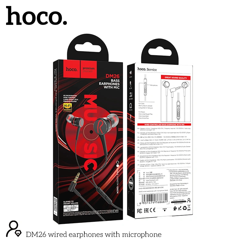 Hands Free Hoco. DM26 Earphones Stereo 3.5mm Ανάγλυφο Καλώδιο με  Elbow Design 1.2m Μαύρα