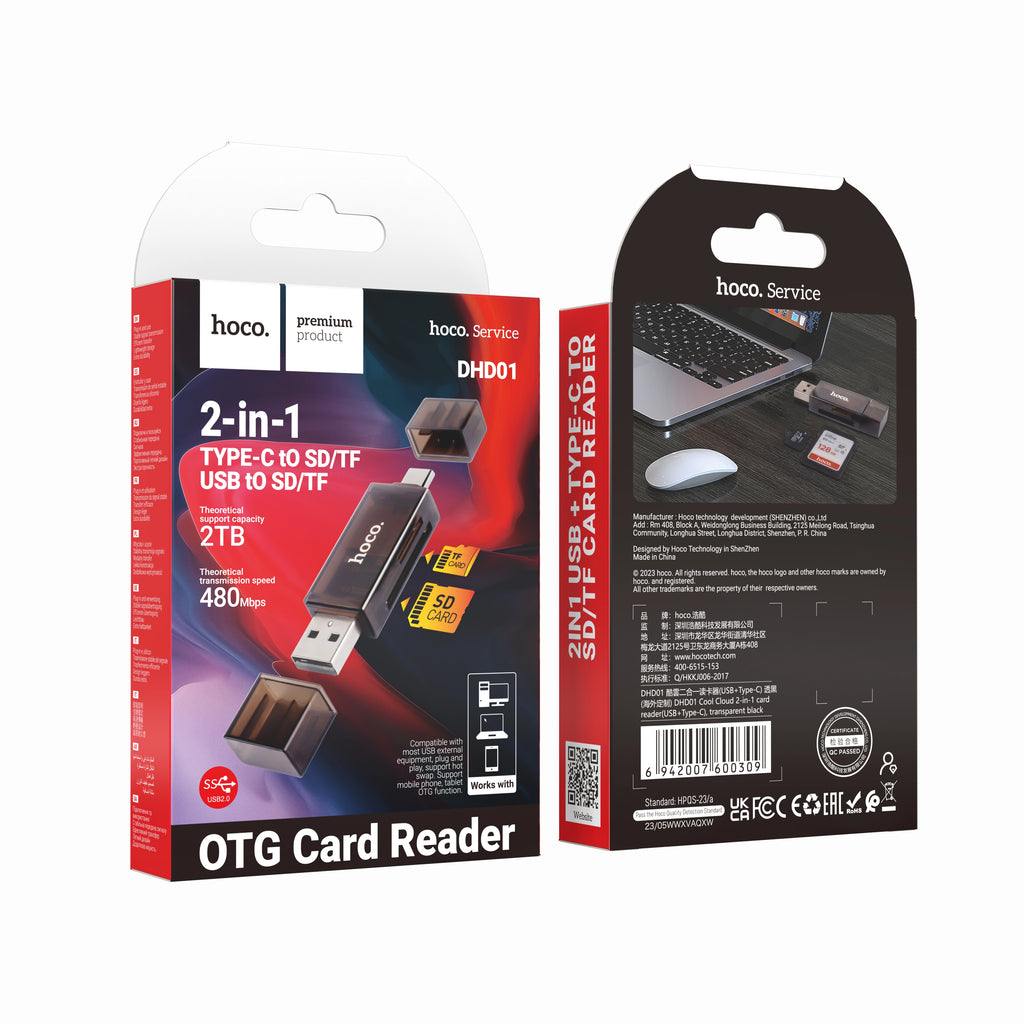 Αναγνώστης Κάρτας Μνήμης Hoco. DHD01 USB 2.0  και USB-C σε SD Κάρτα 480Mbps με 2TB Μέγιστη Χωρητικότητα Μαύρο
