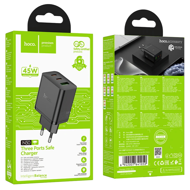 Φορτιστής Ταξιδίου Hoco N50 Scenery GaN Tech PD45W με 2xUSB-C και 1xUSB-A  Μαύρος