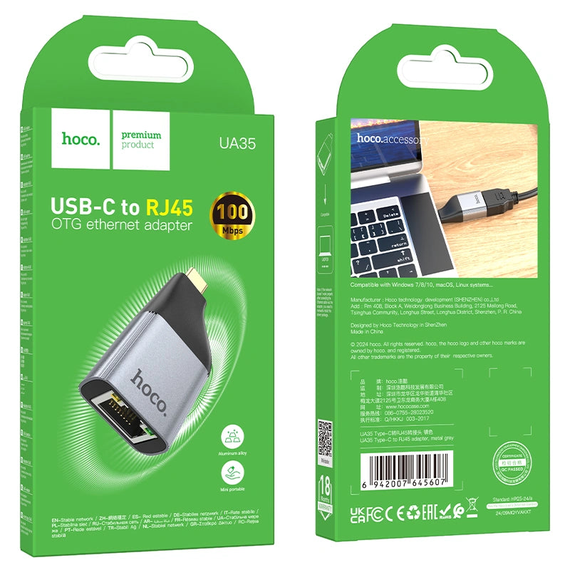 Αντάπτορας  Hoco UA35 USB-C σε RJ45 OTG 100Mbps Γκρι