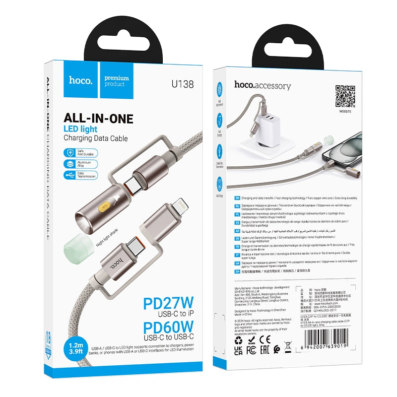 Καλώδιο σύνδεσης Hoco U138 USB-C/iP σε USB-C/Φακό 3A Braided Γκρι 1.2m