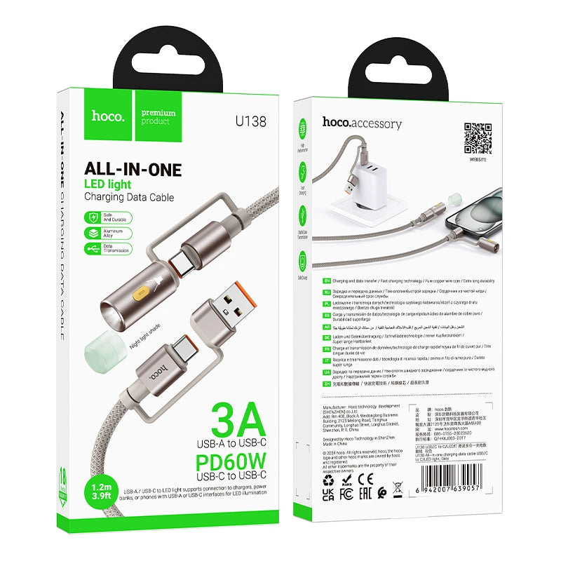 Καλώδιο σύνδεσης Hoco U138 USB-C/USB-A σε USB-C/Φακό 3A PD60W Braided Γκρι 1.2m