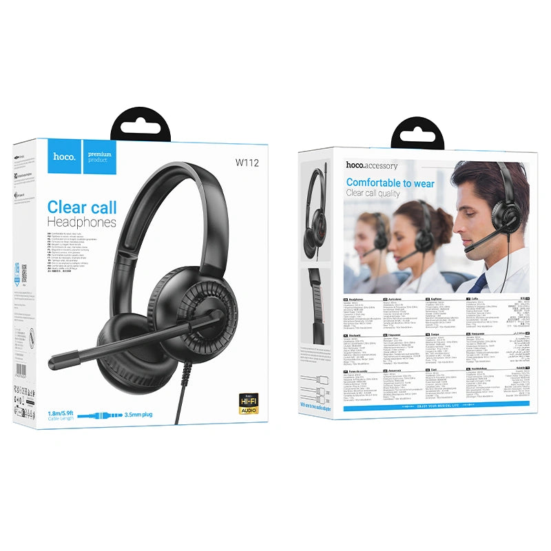 Ακουστικά Stereo Hoco W112 Pure 3.5mm Κατάλληλα για Κλήσεις ή Τηλεφωνικο Κέντρο με Μικρόφωνο 1.8m Μαύρα