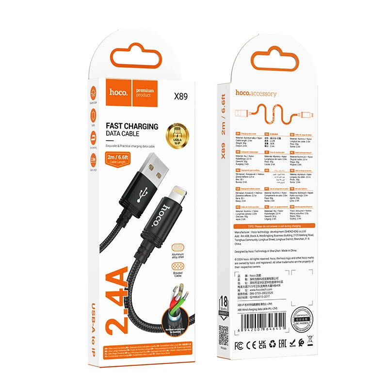 Καλώδιο σύνδεσης X89 Wind USB-A σε Lightning 2.4A Braided Μαύρο 2m