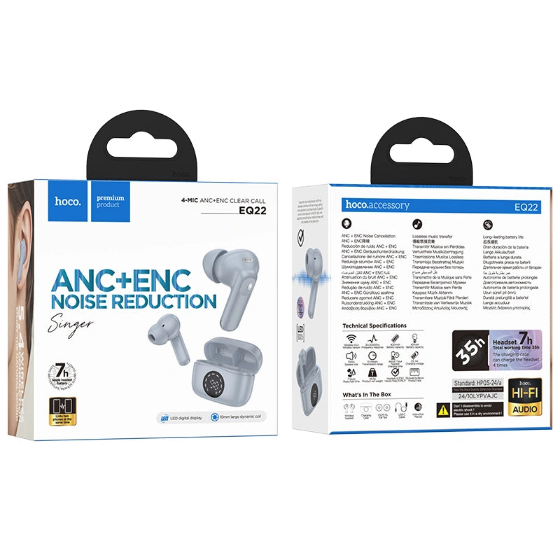 Wireless Hands Free Hoco EQ22 Singer TWS V5.4 400mAh με 7 Ώρες Λειτουργίας και Εναλλαγή Master/Slave ANC+ENC Μπλε