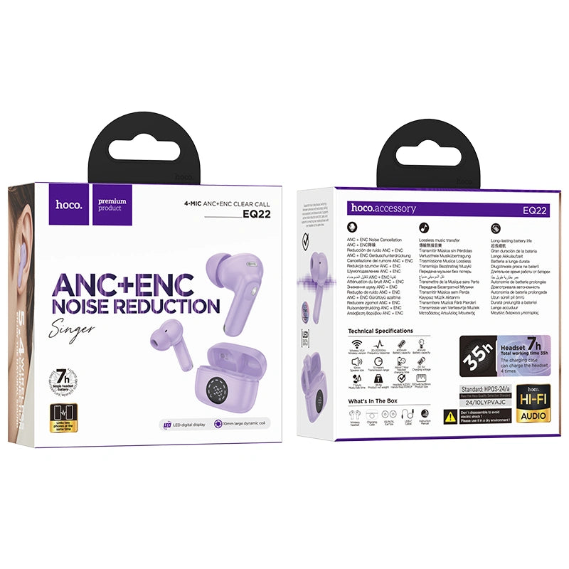Wireless Hands Free Hoco EQ22 Singer TWS ANC ENC V5.4 400mAh με 7 Ώρες Λειτουργίας και Εναλλαγή Master/Slave Μωβ