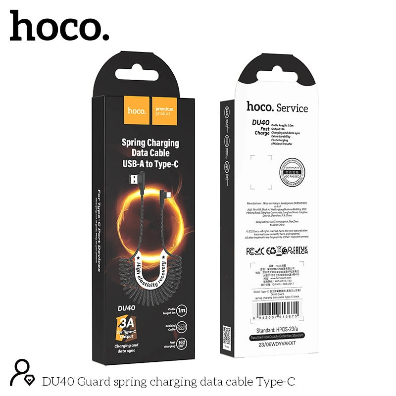 Καλώδιο σύνδεσης Hoco. DU40 Guard USB σε USB-C 3A Spring Cable Braided Μαύρο 0.45-1m