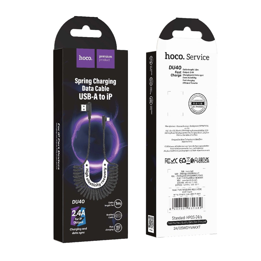 Καλώδιο σύνδεσης Hoco. DU40 Guard USB σε Lightning 2.4A Spring Cable Braided Μαύρο 0.45-1m