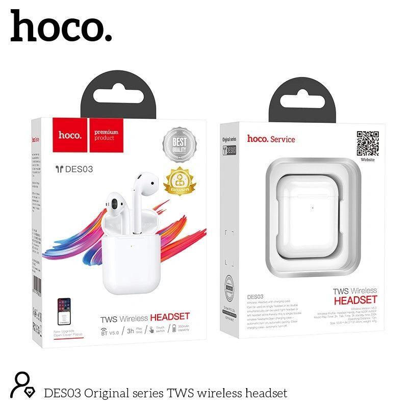 Wireless Hands Free Hoco. DES03 Plus TWS V5.0  350mAh και 3h Ώρες Λειτουργίας Λευκά με Μαύρο Silicon Sleeve