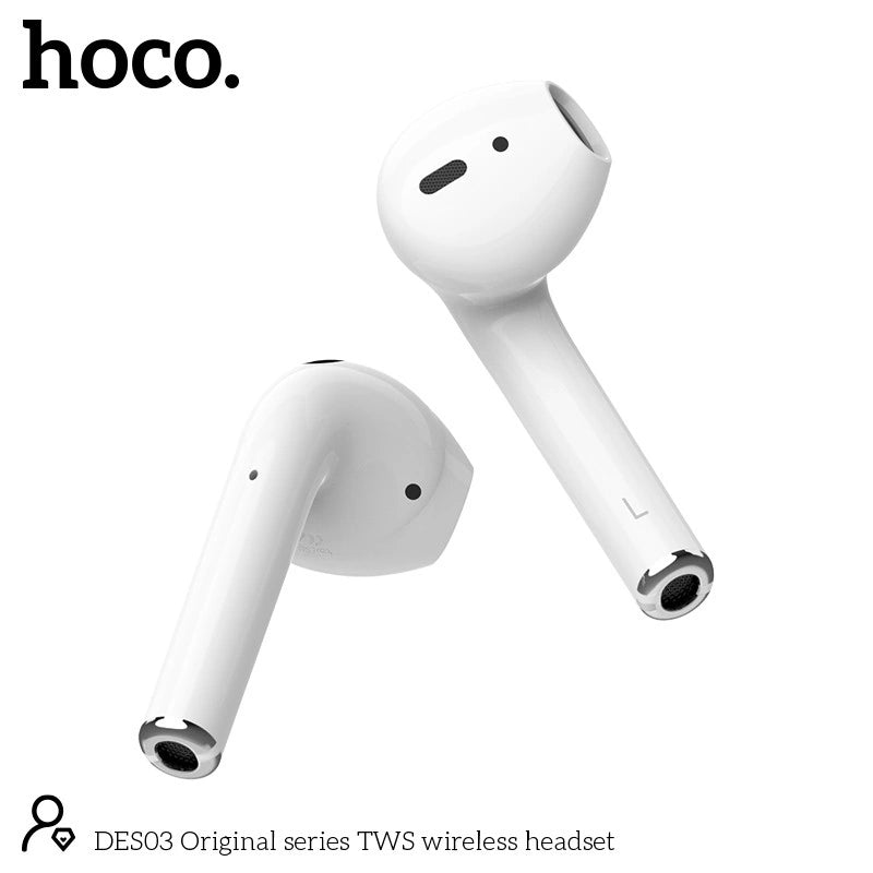 Wireless Hands Free Hoco. DES03 Plus TWS V5.0  350mAh και 3h Ώρες Λειτουργίας Λευκά με Μαύρο Silicon Sleeve