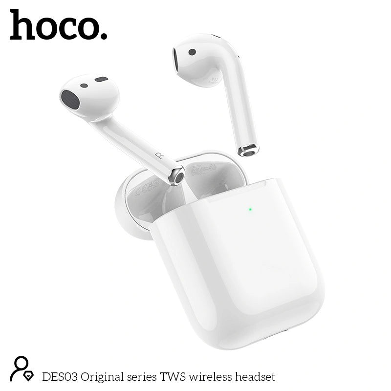 Wireless Hands Free Hoco. DES03 Plus TWS V5.0  350mAh και 3h Ώρες Λειτουργίας Λευκά με Μαύρο Silicon Sleeve