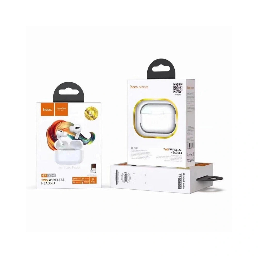 Wireless Hands Free Hoco. DES08 Plus TWS V5.0  300mAh και 3h Ώρες Λειτουργίας Λευκά με Μαύρο Silicon Sleeve