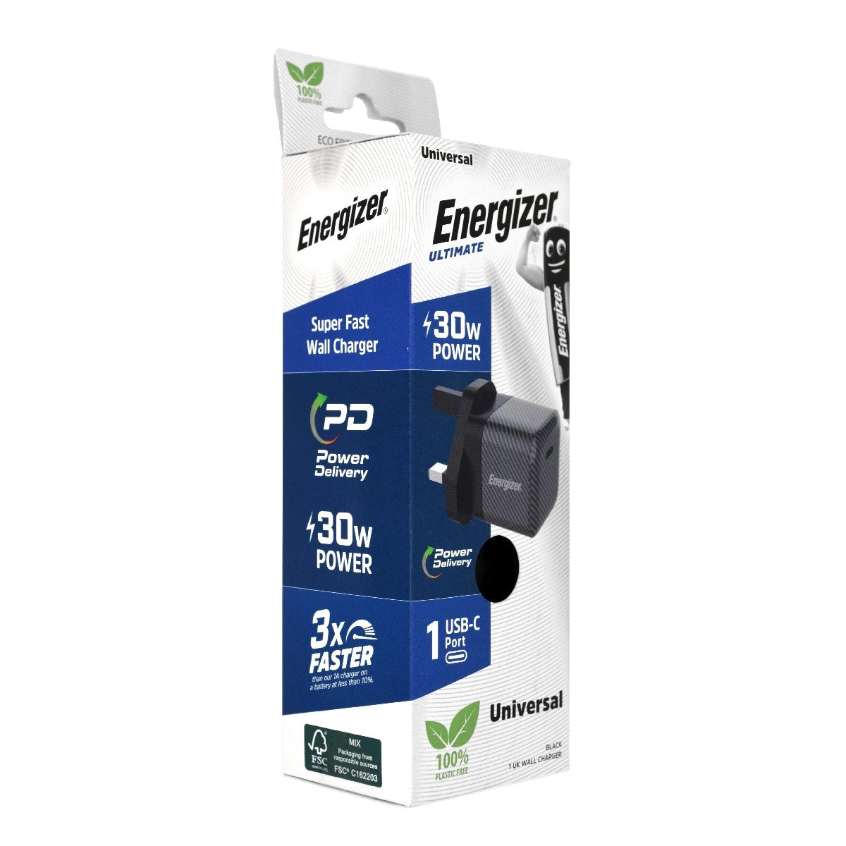 Φορτιστής Ταξιδίου Energizer Fast Charge με USB-C 30W  Μαύρος με UK Plug
