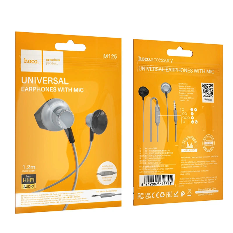 Hands Free Hoco M125 Smart Earphones Stereo 3.5mm με Μικρόφωνο και Πλήκτρο Λειτουργίας 1.2m Γκρι